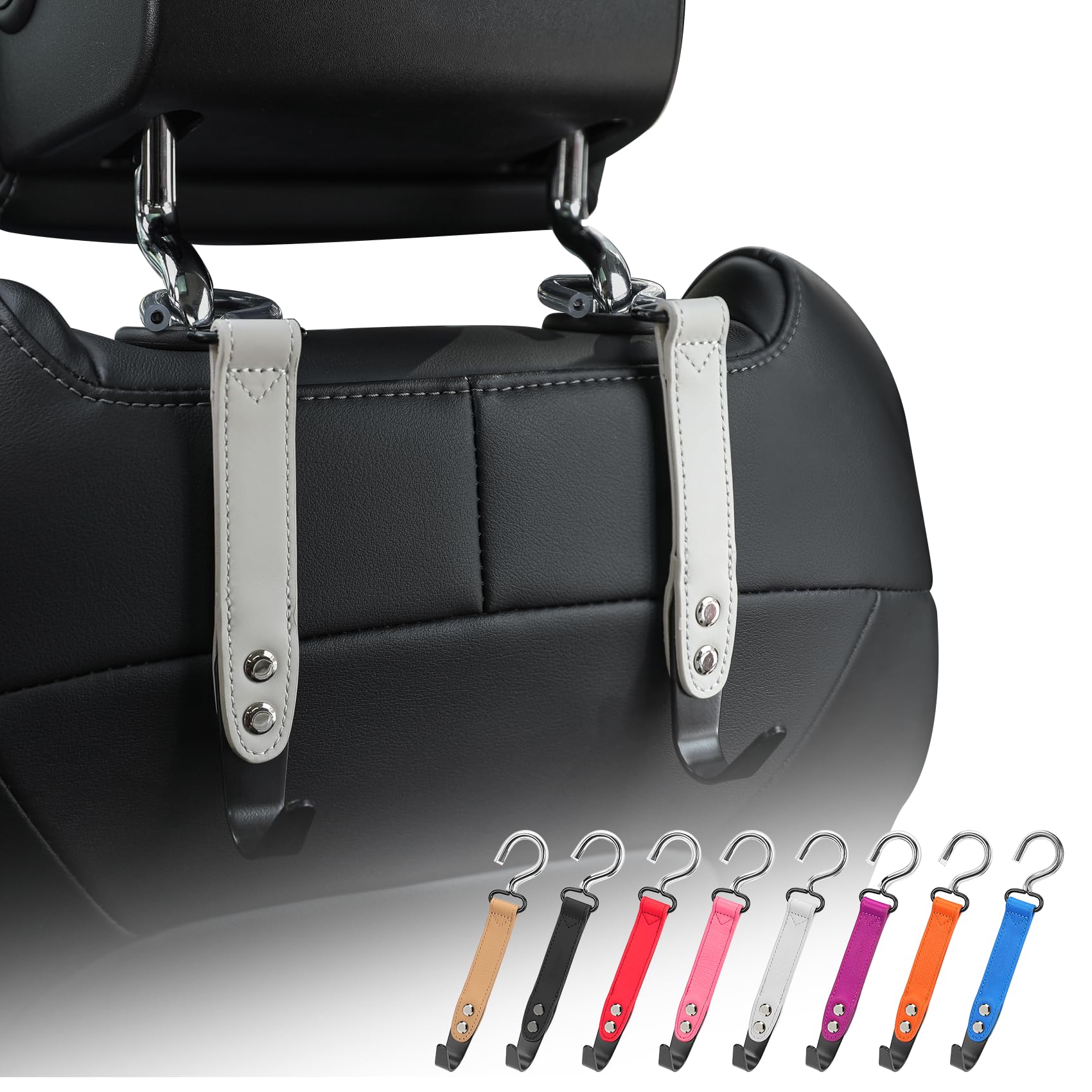 2 Pack Car Headrest Hooks - Premium Leather & SUS304 Steel Hangers for Purses, Bags, Groceries - Perfect for Road Trips, Shopping & Daily Commute (Grey)