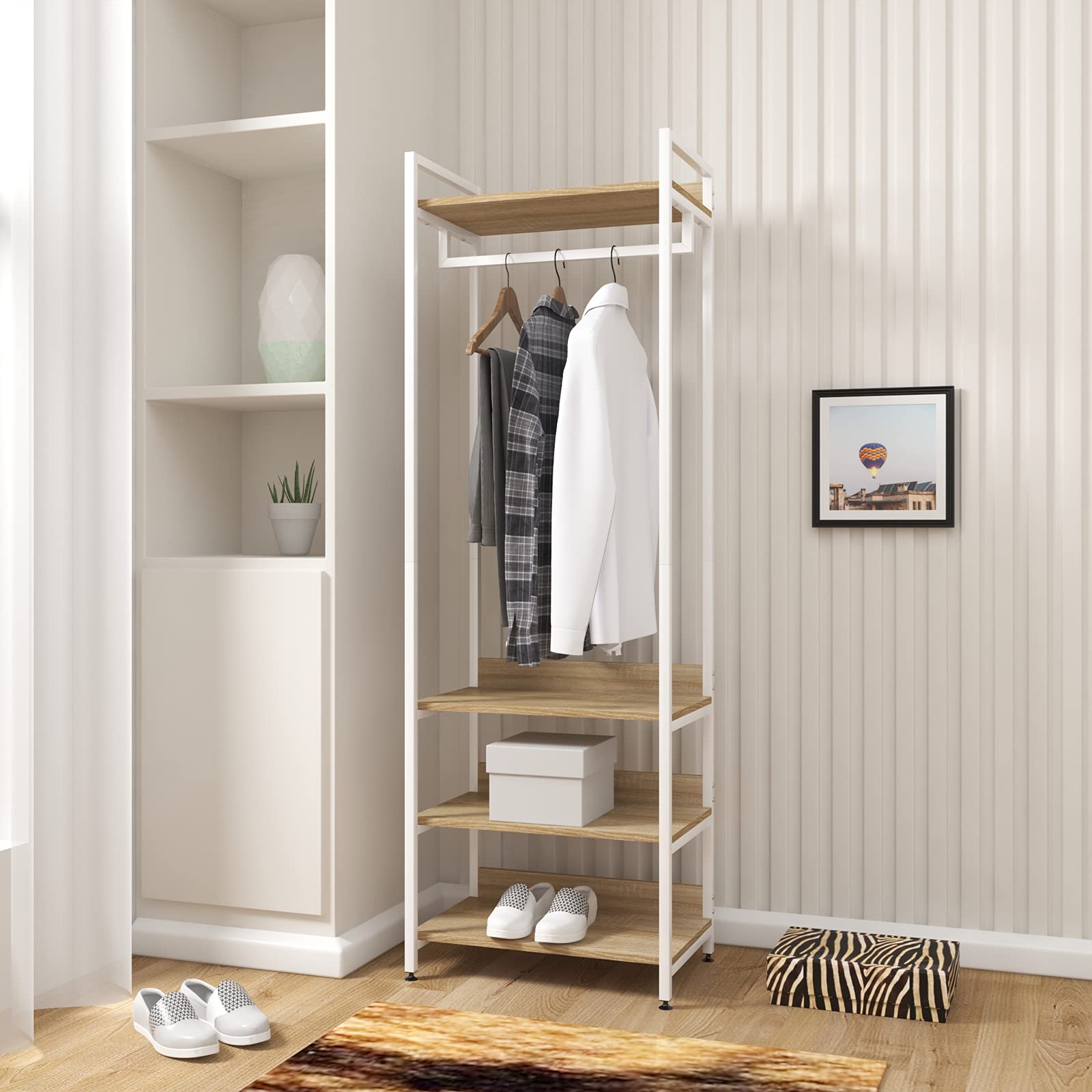 WOLTU Wood and Steel Wardrobe Stand with Shelves, Hangers, and Shoe Rack for Kids Room, Closet, or Bedroom (60x40x170 cm) - Perfect for Organizing Clothes, Shoes, and Accessories in Small Spaces