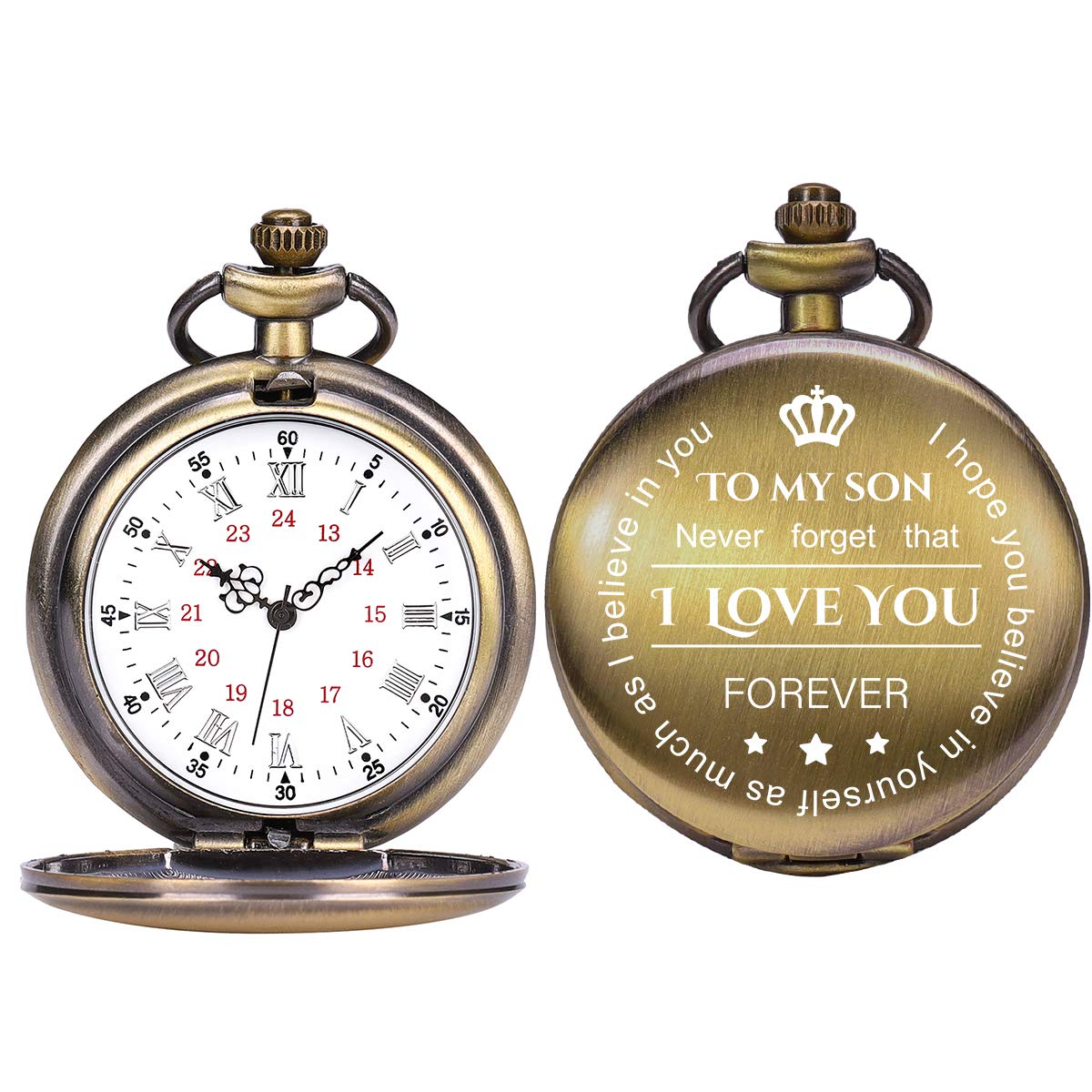 Personalized Engraved Pocket Watch for Son - 'To My Son Love Forever' Gift with Chain & Box - Roman Numeral Quartz Pocket Watch - Perfect Graduation & Birthday Present for Him - Ideal for Formal Events, Vintage Style Outfits & Special Occasions