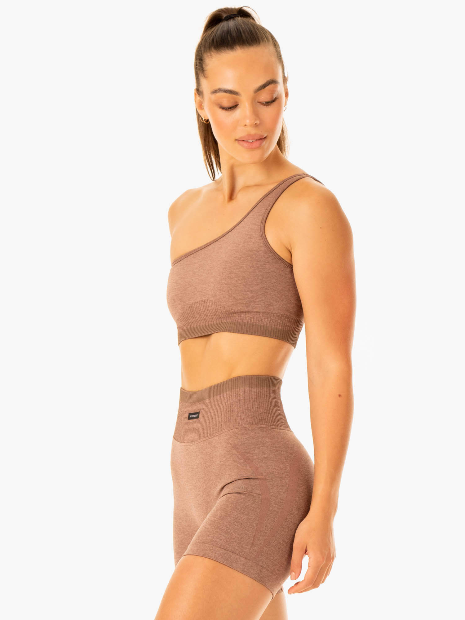 Excel Seamless One Shoulder Sports Bra for Women - Mocha Marl - High Support Workout Top for Yoga, Running & Gym