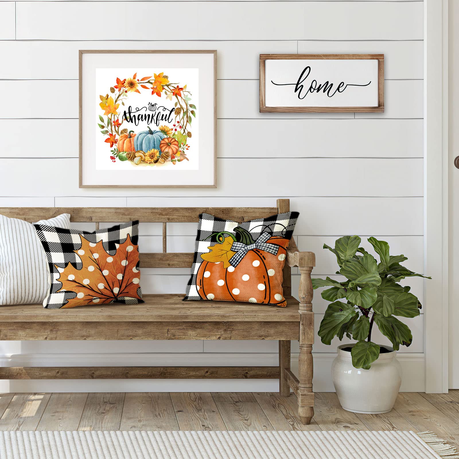 18x18 Fall Pillow Covers Set of 4 - Black Buffalo Check Plaid with Autumn Maple Leaves & Pumpkin Design - Farmhouse Throw Pillow Cases for Couch, Bed, Cushions - Cozy Home Decor for Thanksgiving, Autumn Parties & Seasonal Family Gatherings
