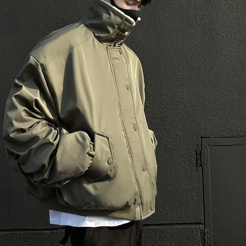 Men's American Style Cotton Padded Jacket with Lamb Wool - Thick Lapel Solid Color Button Coat for Winter 2024 | Warm Fashion Outerwear for Casual Wear, Office & Outdoor Activities