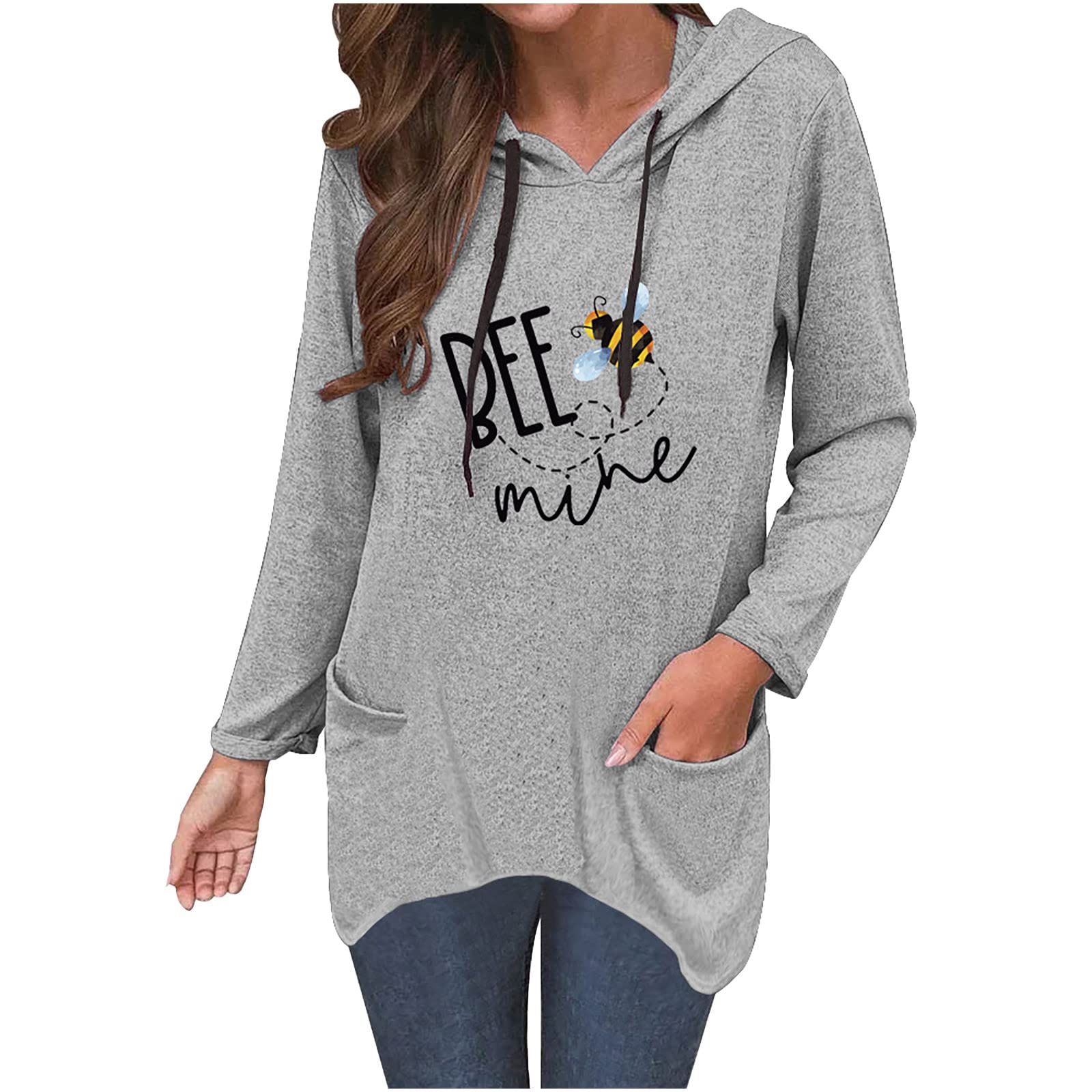 Women's Bee & Wine Print Cat Ear Hooded Sweatshirt - Loose Fit Long Sleeve Pullover for Casual Wear | Perfect for Autumn & Spring Outfits, Coffee Dates, and Weekend Errands