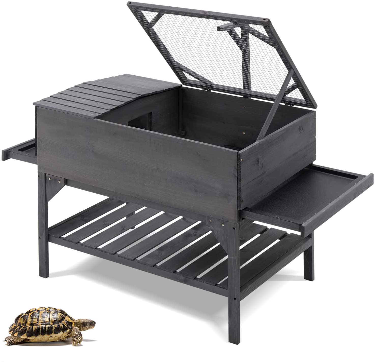 Premium Wooden Tortoise House - Outdoor Turtle Habitat & Reptile Enclosure with Storage Shelf - Perfect for Backyard, Garden, or Patio Use