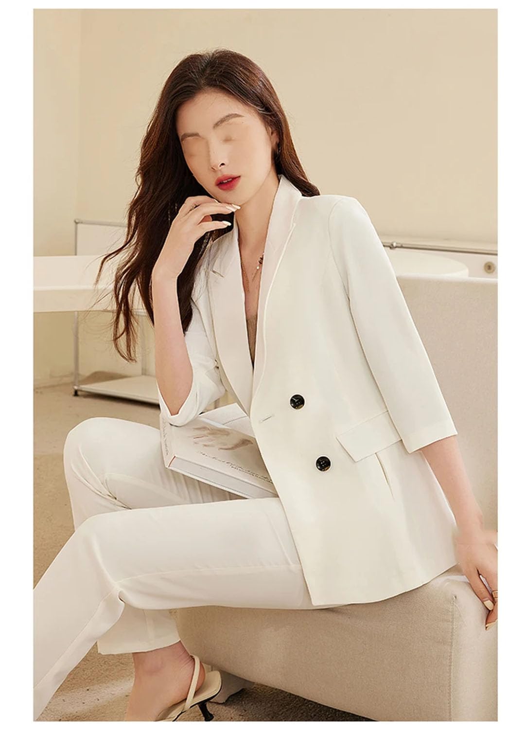 Women's Double Breasted Blazer Suit Set with 3/4 Sleeve Jacket & Trousers - Professional Office Wear, Business Attire, and Formal Outfits for Work or Special Occasions