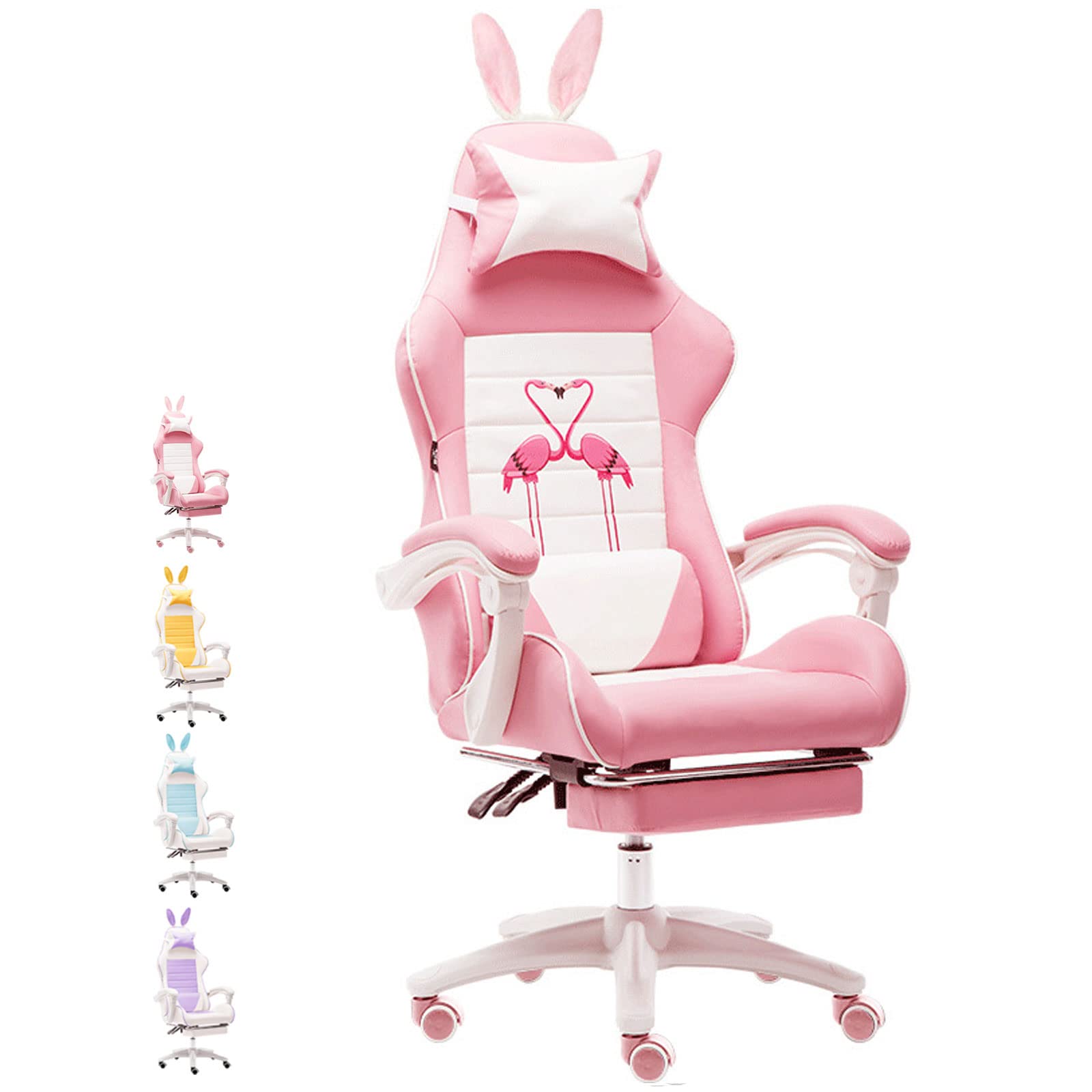 Ergonomic Pink Gaming Chair for Girls - 150° Reclining Computer Chair with Removable Bunny Ear Cushion & Footrest - PU Leather Swivel Office Chair for Teen Gamers, Streamers & Esports Players - Perfect for Gaming Setups, Home Office & Dorm Rooms