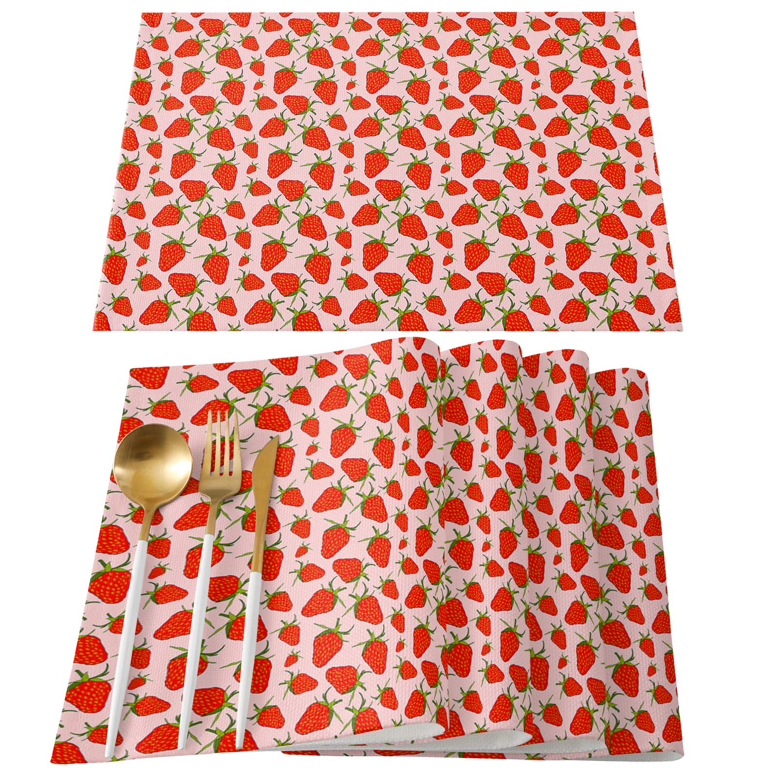 AGOUNOD 6-Piece Summer Fruit Pink Strawberry Placemats Set - Cotton Linen Washable Table Mats for Dining, Parties, Festivals & Family Dinners - Perfect for Kitchen, Picnics & Holiday Decor