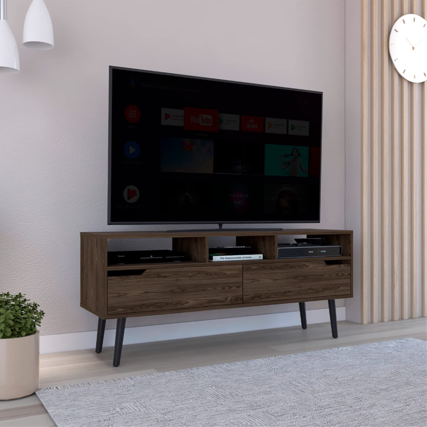 Kobe TV Stand for TVs Up to 52 Inches - 3 Open Shelves & 2 Flexible Drawers - Dark Walnut Finish - Perfect for Living Room, Bedroom or Home Theater Setup