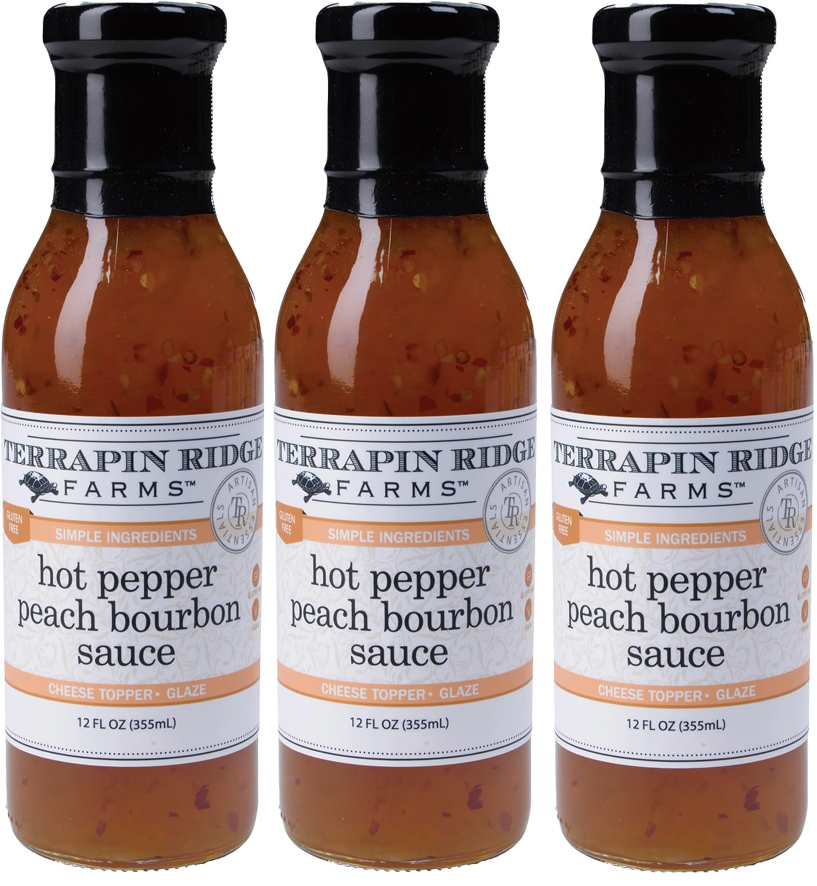 Terrapin Ridge Farms Hot Pepper Peach Bourbon Sauce - 3 Pack (12 Fl Oz Bottles Each) | Spicy Sweet Glaze for BBQ, Wings & Cocktails | Gourmet Condiment Gift Set
