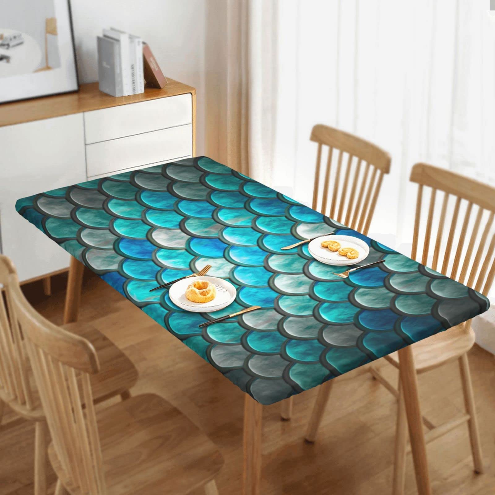 Blue Turquoise Waterproof Tablecloth for 5 FT Rectangle Tables - Foldable Fitted Table Cover with Elastic Edges, Cyan Mermaid Scale Design for Indoor Outdoor Use - Perfect for Patio Dining, Parties, and Events