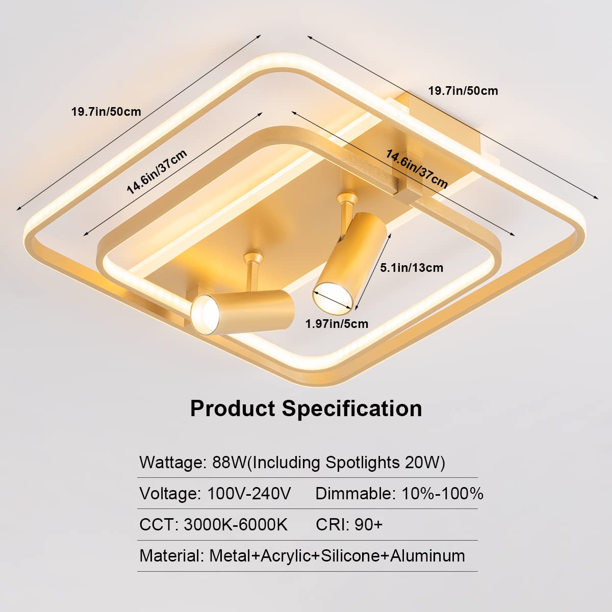 Modern Gold Flush Mount Ceiling Light 88W - Square LED Close-to-Ceiling Fixture with Stepless Dimming & Remote Control - Perfect for Living Room, Bedroom, Kitchen & Hallway Lighting