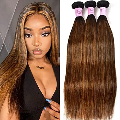 UNice Brazilian 100% Virgin Remy Human Hair Extensions - Brown Blonde Straight Ombre Highlight Weave Bundles (8 10 12 Inch, 100g/pc) for Styling, Volume & Length | Perfect for Daily Wear, Parties & Special Occasions