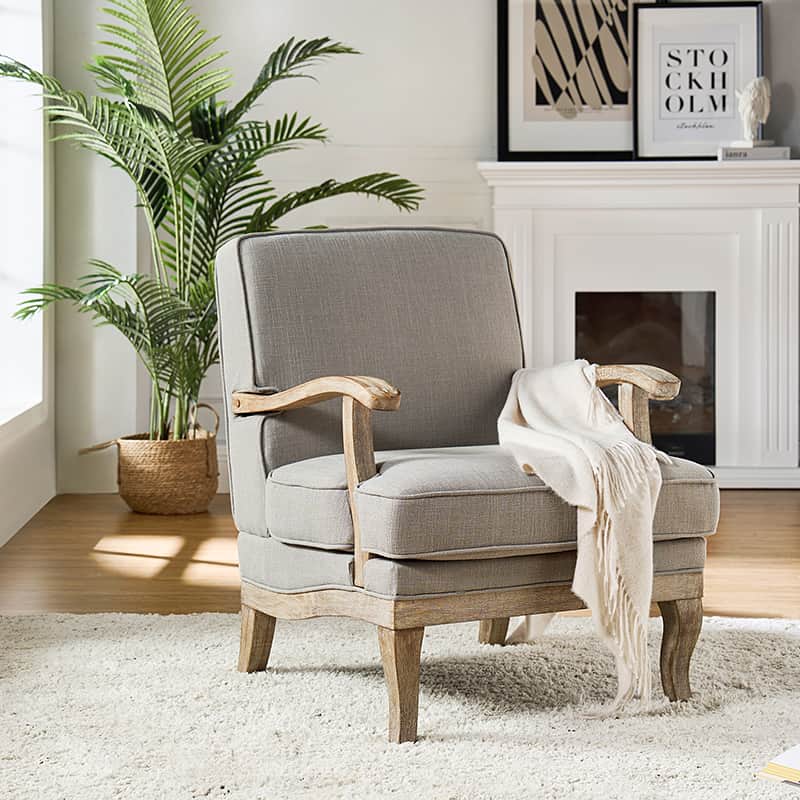 Randolph Farmhouse Upholstered Accent Chair with Wooden Legs - Comfortable Living Room Armchair for Home Decor, Reading Nook & Cozy Sitting Area (Multiple Style Options Available)