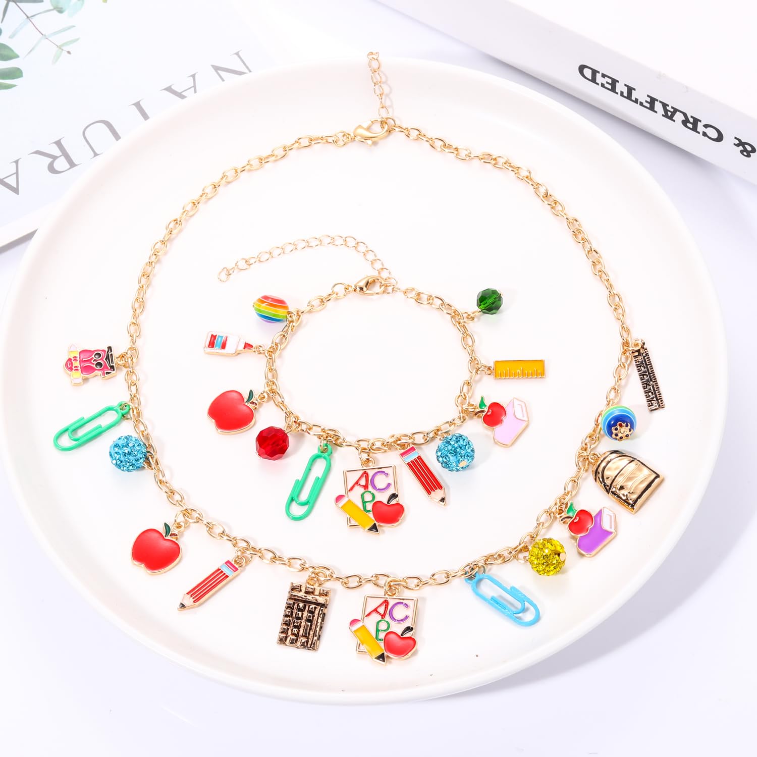 Teacher Jewelry Set - Apple Pencil Book Charm Necklace Earrings Bracelet for Women, Back to School Gifts