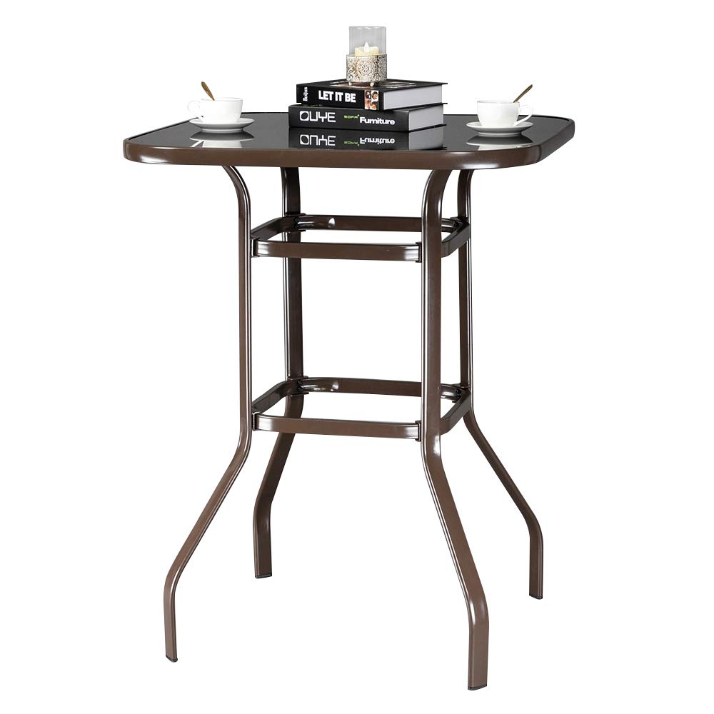 **Outdoor Bar Table - 36 Inch Square High Top Bistro Table with Metal Frame & Tempered Glass Top - Patio Pub Table for Deck, Poolside, Garden, Porch - Perfect for Outdoor Dining & Entertaining (Brown)**