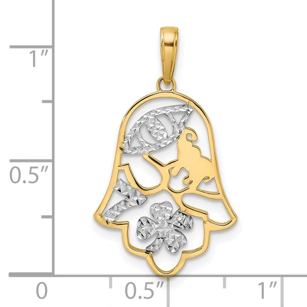 14K Yellow & White Rhodium Diamond-Cut Hamsa Pendant with Good Luck Symbols - 28.87mm x 16.5mm - Perfect for Spiritual Protection & Fashion Jewelry Gifts