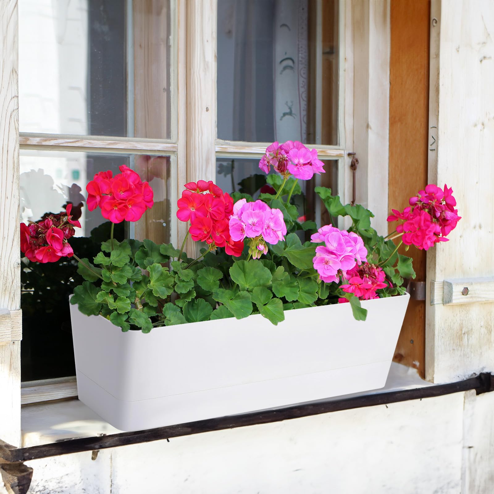 GREANER 6 Pack 16x3.8 Inch White Plastic Window Box Planters with Drainage Trays - Indoor Outdoor Flower Pots for Succulents, Cactus, Vegetables - Perfect for Balcony, Office, Garden, Windowsill Decor & Planting
