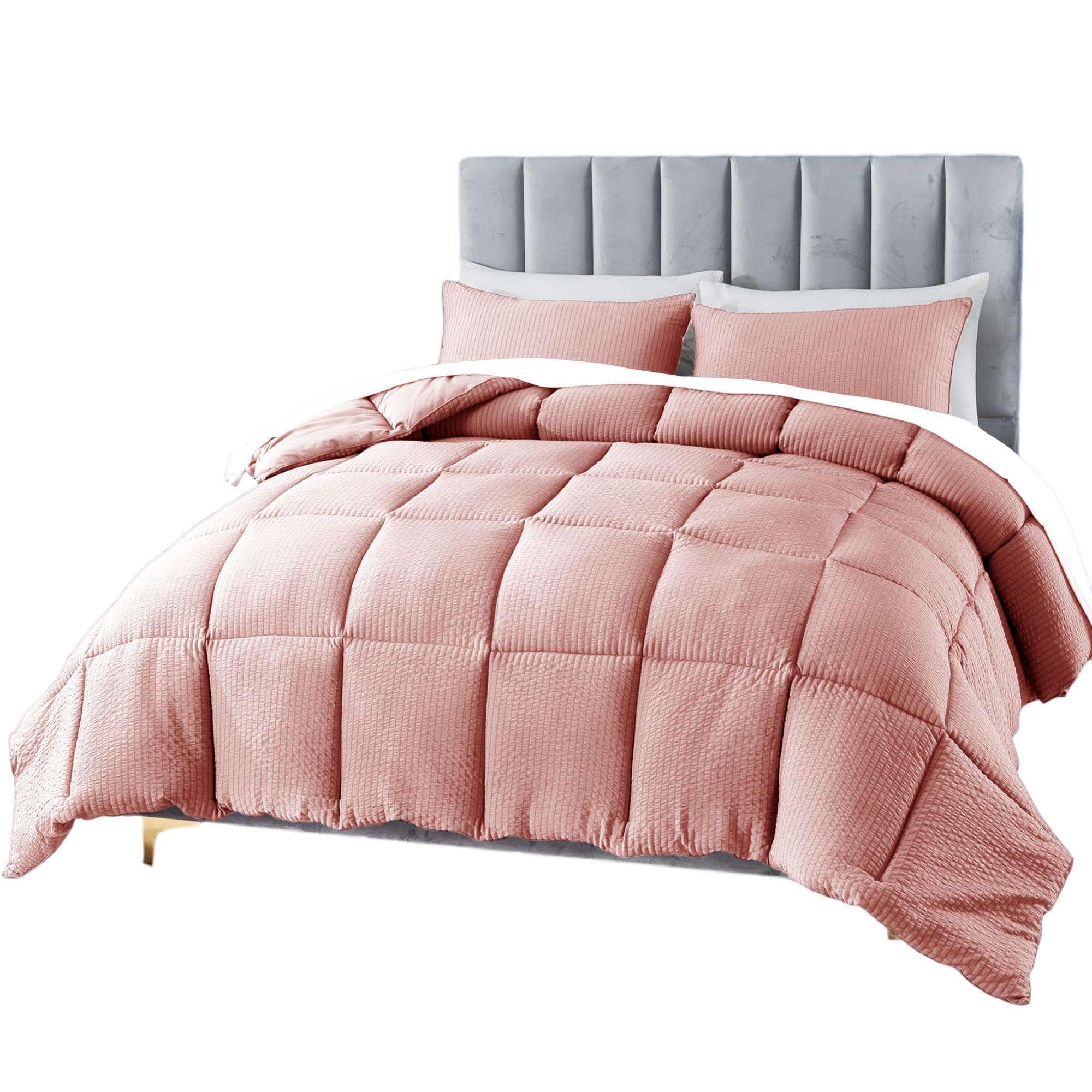 Domdec All-Season Down Alternative Quilted Comforter Set - Queen Size Bedding with 2 Pillow Shams | Ultra Soft Microfiber Seersucker Fabric, Fluffy & Cozy, Lightweight & Breathable (Pink) - Perfect for Master Bedroom, Guest Room & Dorm Decor