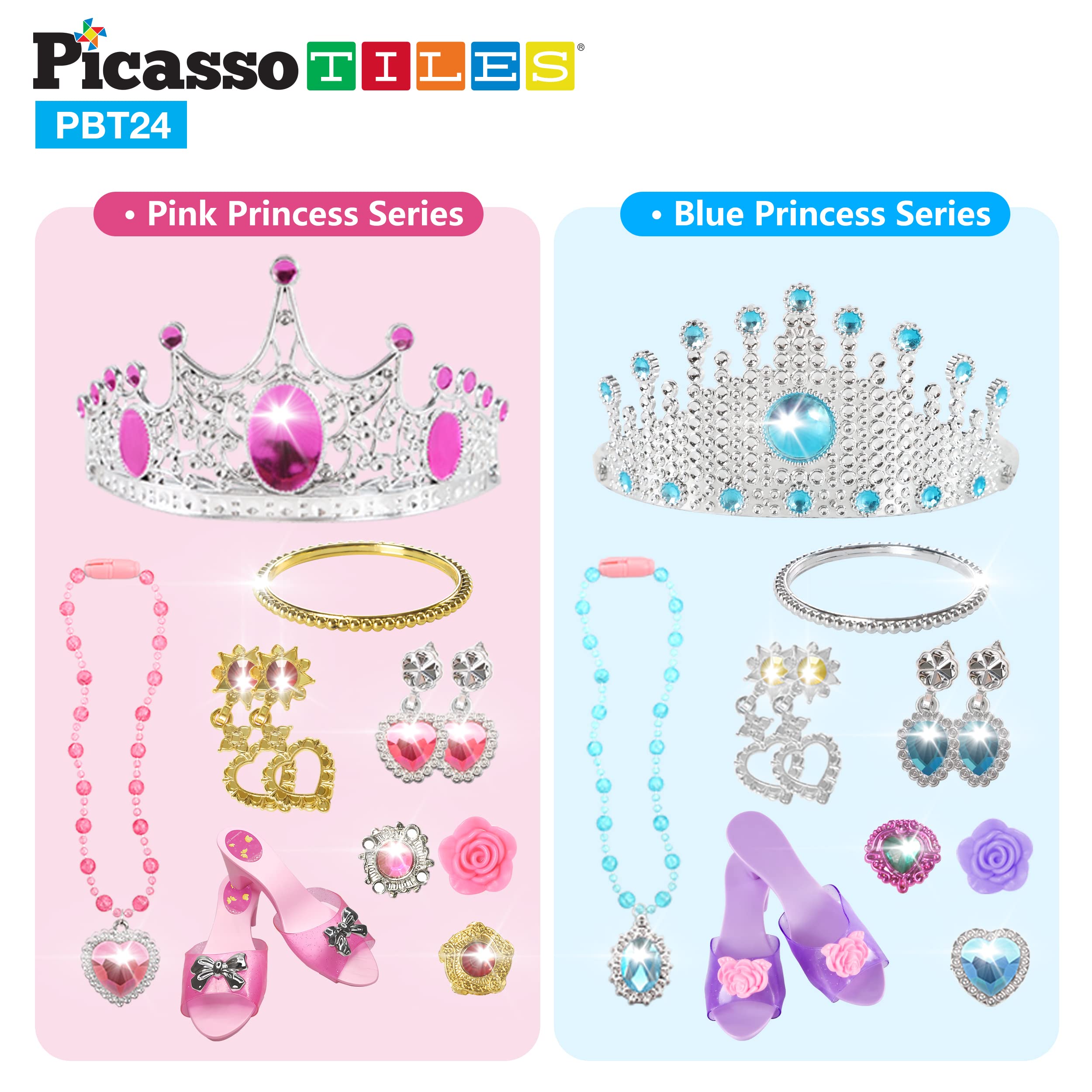 PicassoTiles Princess Dress Up & Art Easel Set - 24pc Fairy Tale Pretend Play Kit with Tiara, Jewelry, Shoes & Fashion Accessories - Dual-Sided Chalkboard & Whiteboard for Creative Play - Perfect for Kids' Dress Up Parties & Art Activities