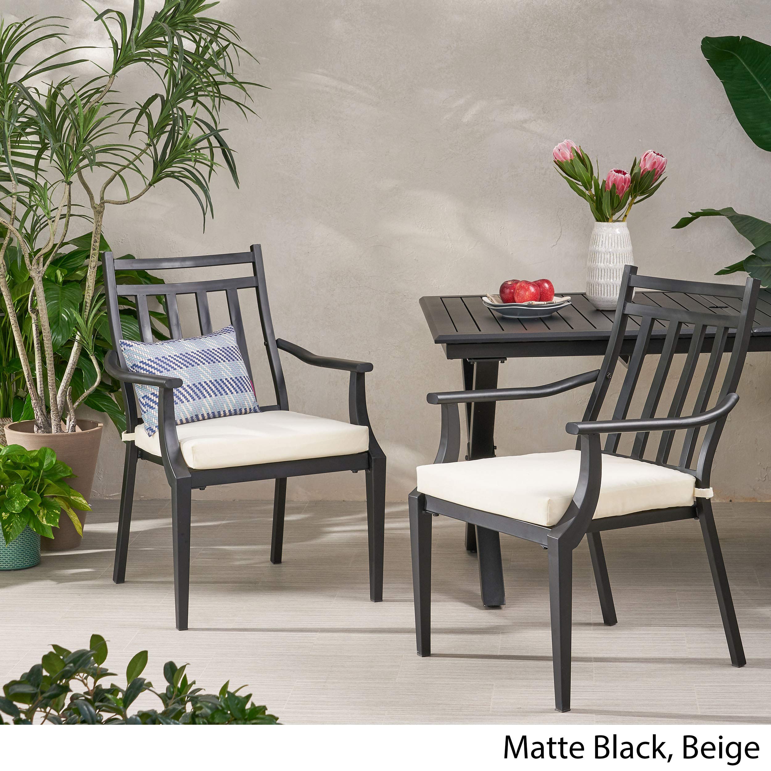 Christopher Knight Home Faithe Outdoor Dining Chairs (Set of 2) - Matte Black & Beige Weather-Resistant Patio Furniture for Garden, Poolside, and Backyard Dining