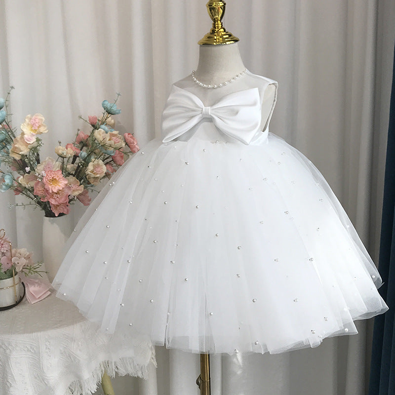 Elegant Baby Pearl Mesh Birthday Party Evening Dress for Toddlers - First Communion Dresses for Girls - Perfect for Special Occasions, Christenings, and Photo Shoots