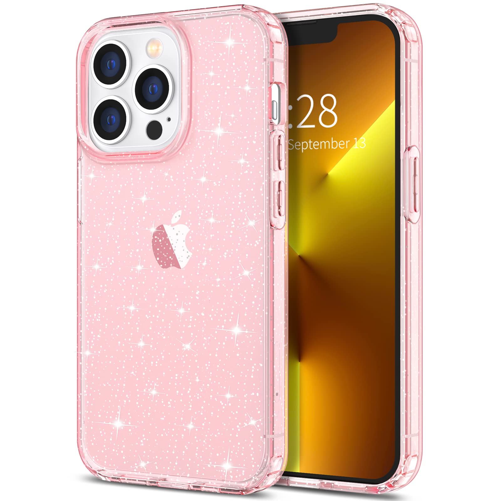 Hython Sparkly Glitter Phone Case for iPhone 13 Pro Max - Cute Clear Shiny Bling Cover, Anti-Scratch Hard PC Slim Fit Shockproof Protective Case for Women & Girls (Pink Glitter) | Perfect for Everyday Use, Parties & Gift Giving