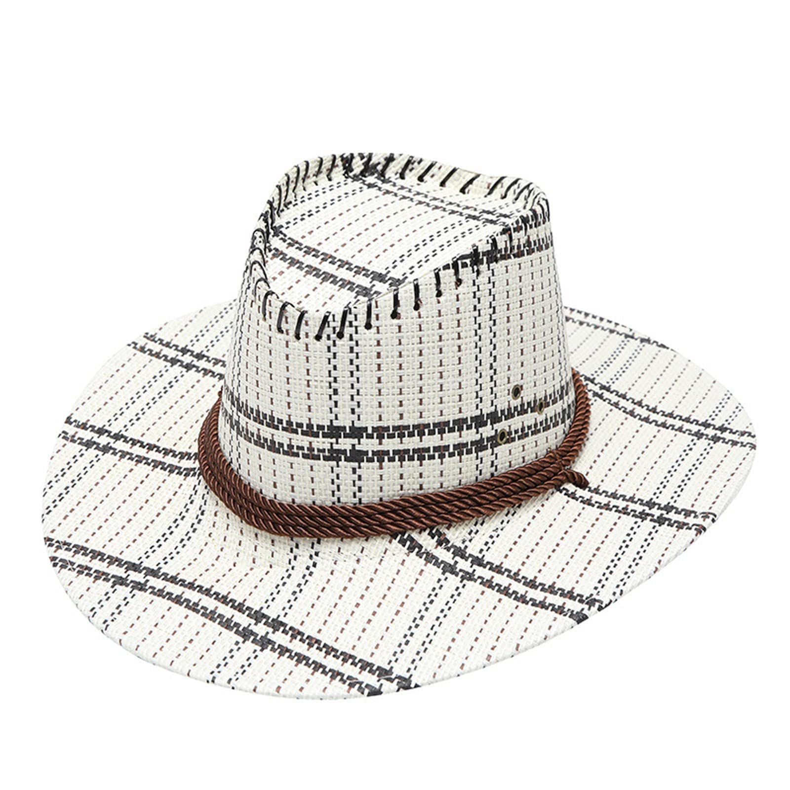 Stylish Black Leather Cowboy Hat for Men & Women - Wide Brim Summer Sun Hat with Plaid Print - Western Fashion Travel Accessory for Outdoor, Beach, and Country Music Festivals