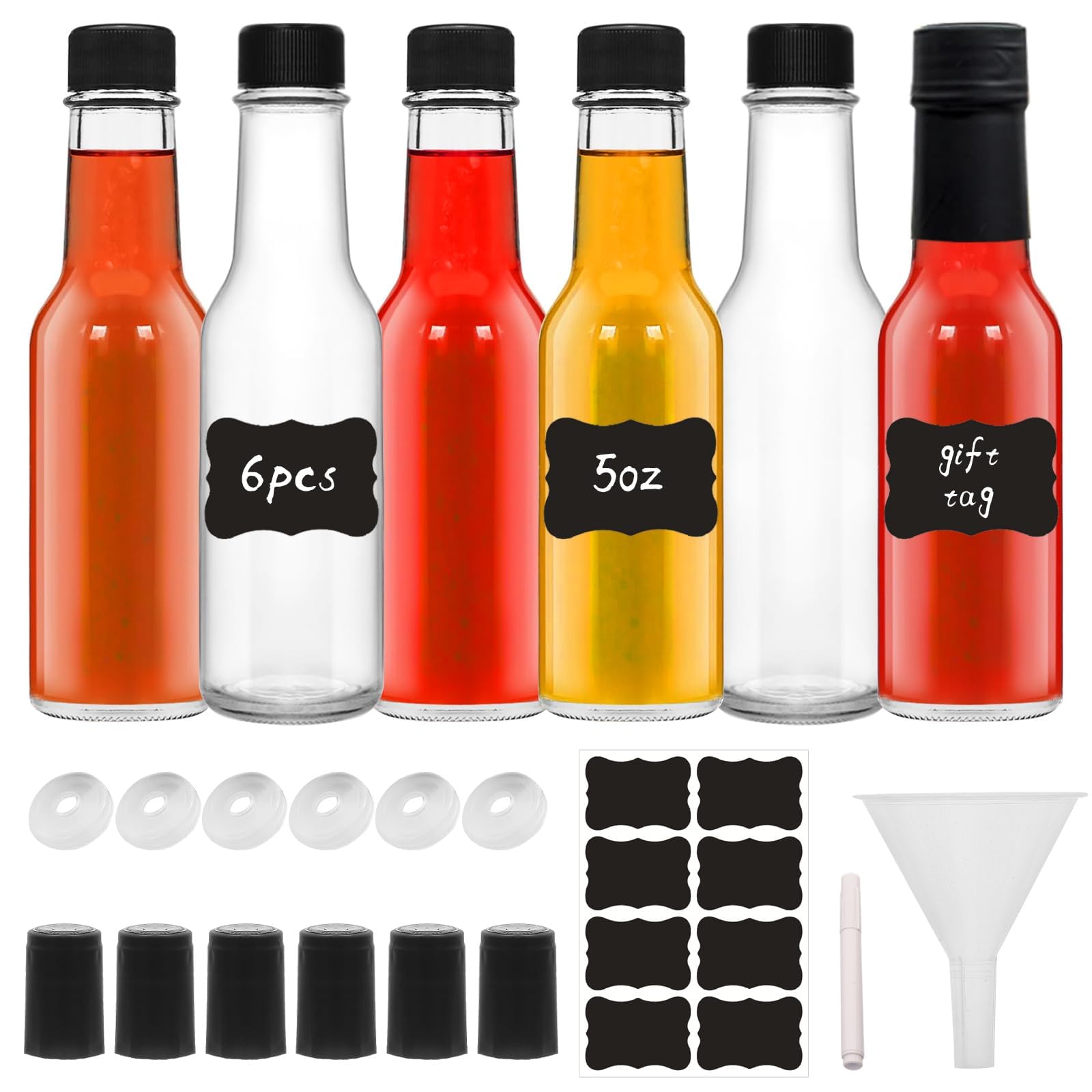 5oz Clear Glass Woozy Bottles with Black Shrink Capsules - Empty Small Beverage Canning Jars for Homemade Syrups, Cocktails & Party Drinks (Pack of 6) - Perfect for DIY Kitchen Projects, Home Brewing & Entertaining