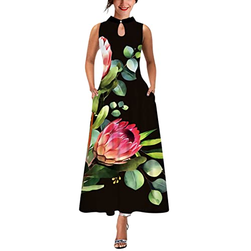 Women's Floral Print Maxi Sundress - Sleeveless Boho Beach Dress with Pockets, Stand Neck Loose Long Summer Dress (Black, XXXL) - Perfect for Vacations, Pool Parties & Casual Outings