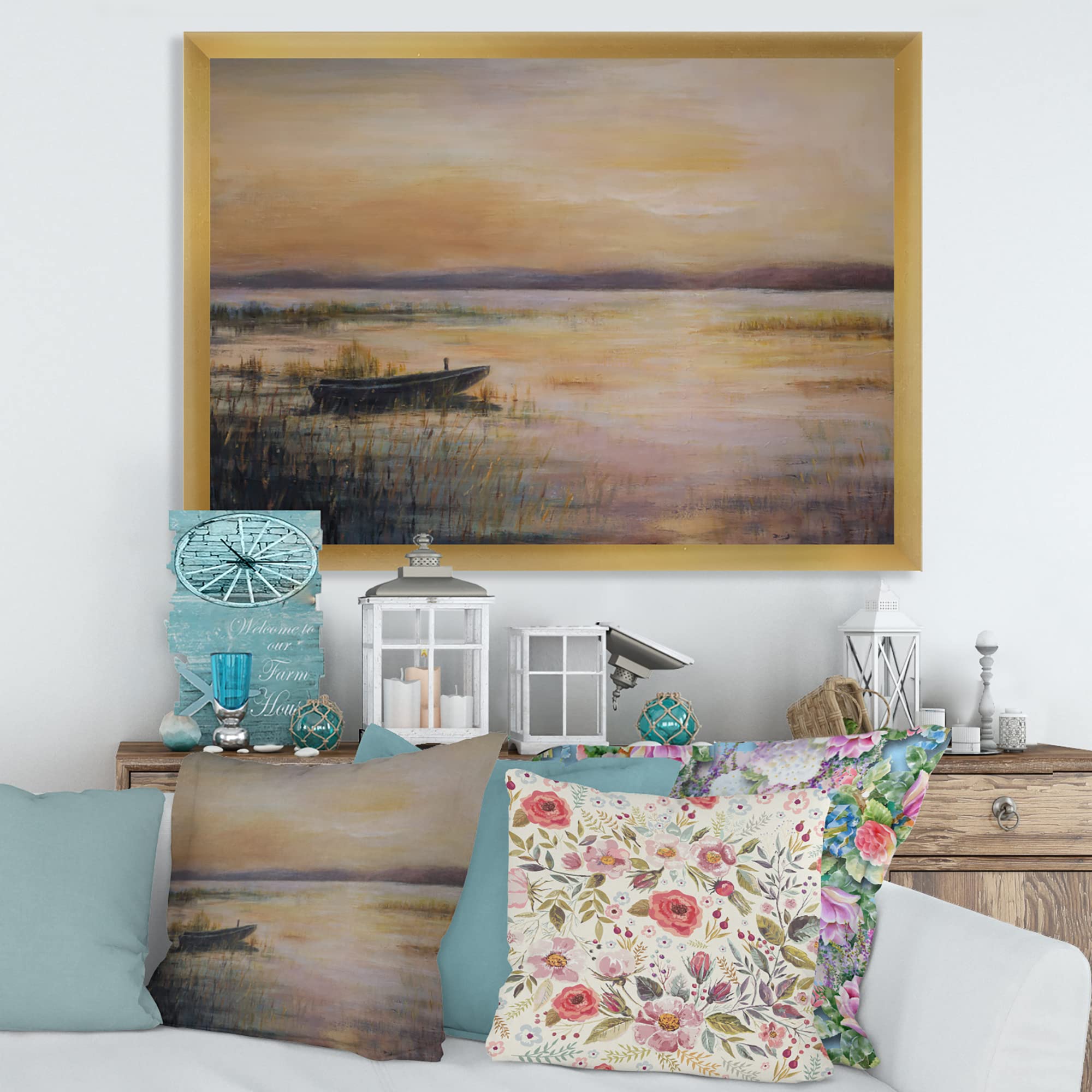 Pastel Sunset Over The Lake Framed Wall Art - Nautical Coastal Decor for Living Room, Bedroom & Office