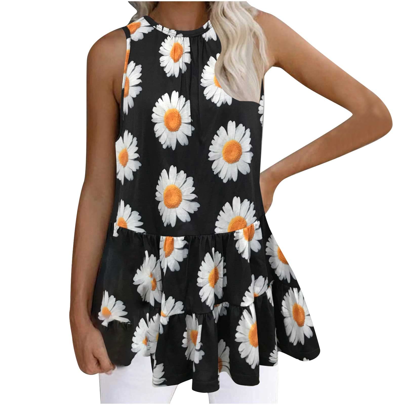 Women's Flowy Swing Tank Top - Summer Sleeveless Daisy Print Loose Fit Tee with Ruffle Tiered Hem | Casual Wear, Beach Cover-Up, Yoga Outfit, Weekend Comfort