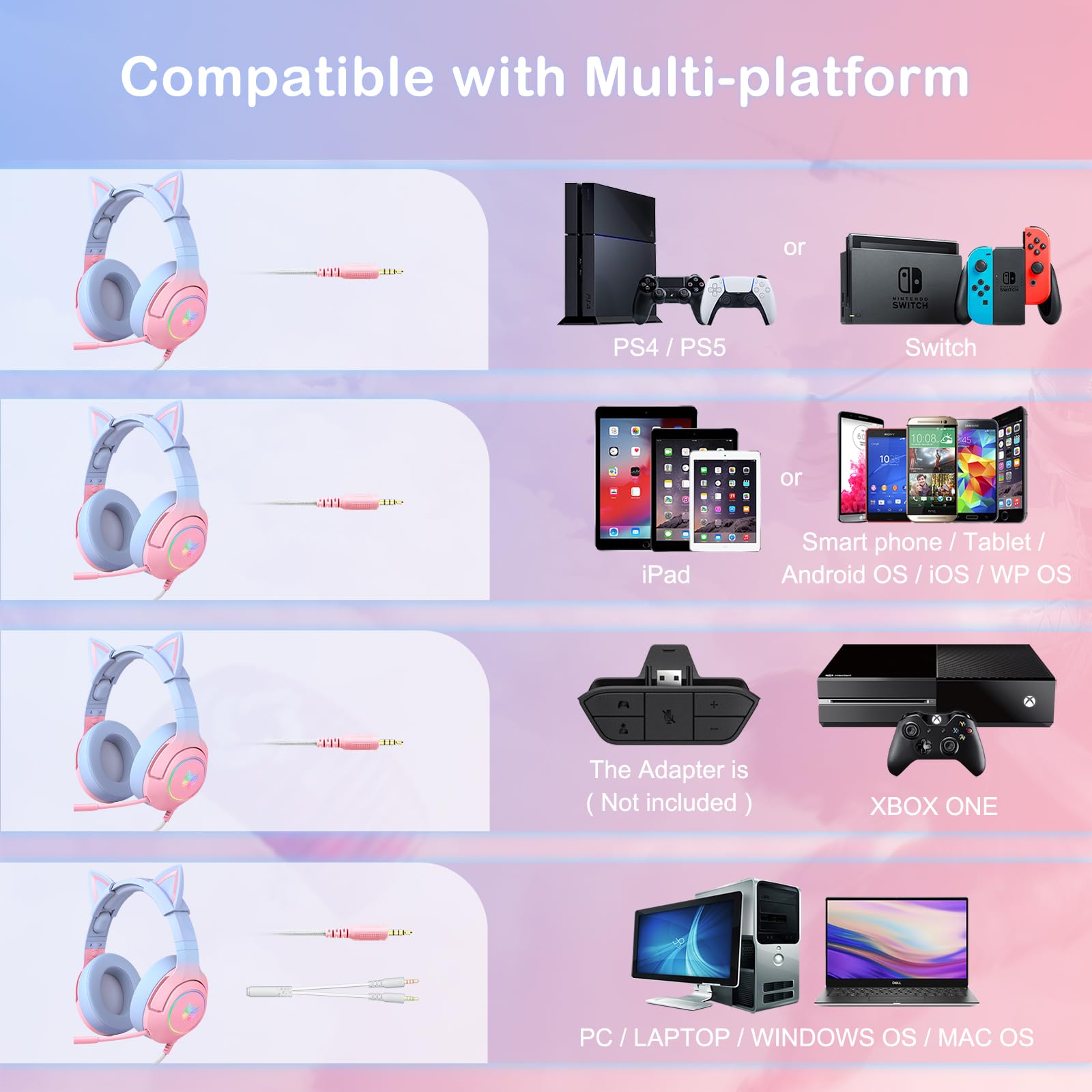 PHNIXGAM RGB Gaming Headset with Retractable Mic - Cat Ear Headphones for PS5, PS4, Xbox One (No Adapter), PC & Mobile - 7.1 Surround Sound, Gradient Pink Blue - Perfect for Gaming, Streaming & Online Classes