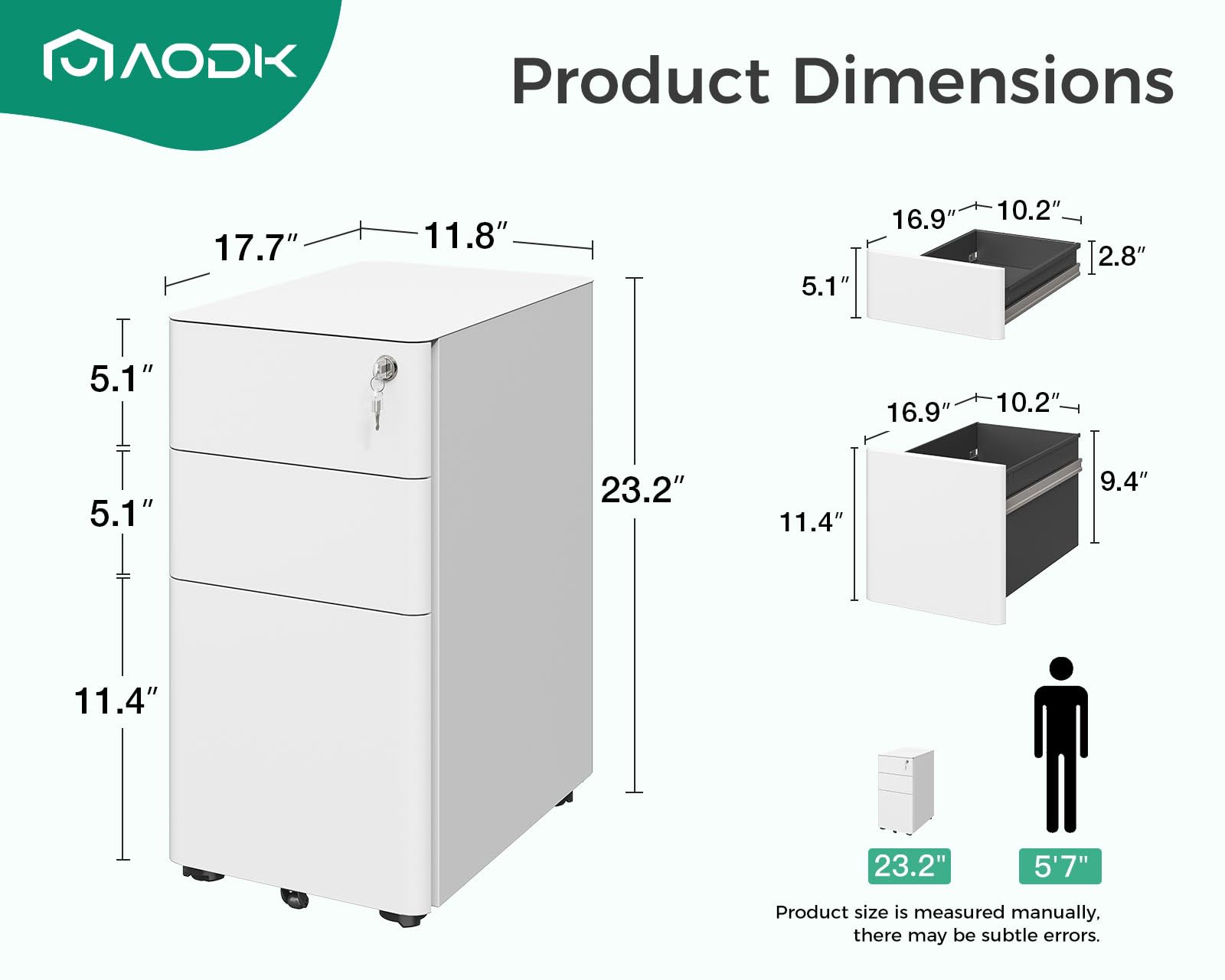 AODK 3-Drawer Rolling File Cabinet with Lock - Fully Assembled Mobile Storage for A4/Legal/Letter Files - White - Perfect for Home Office Organization & Document Management