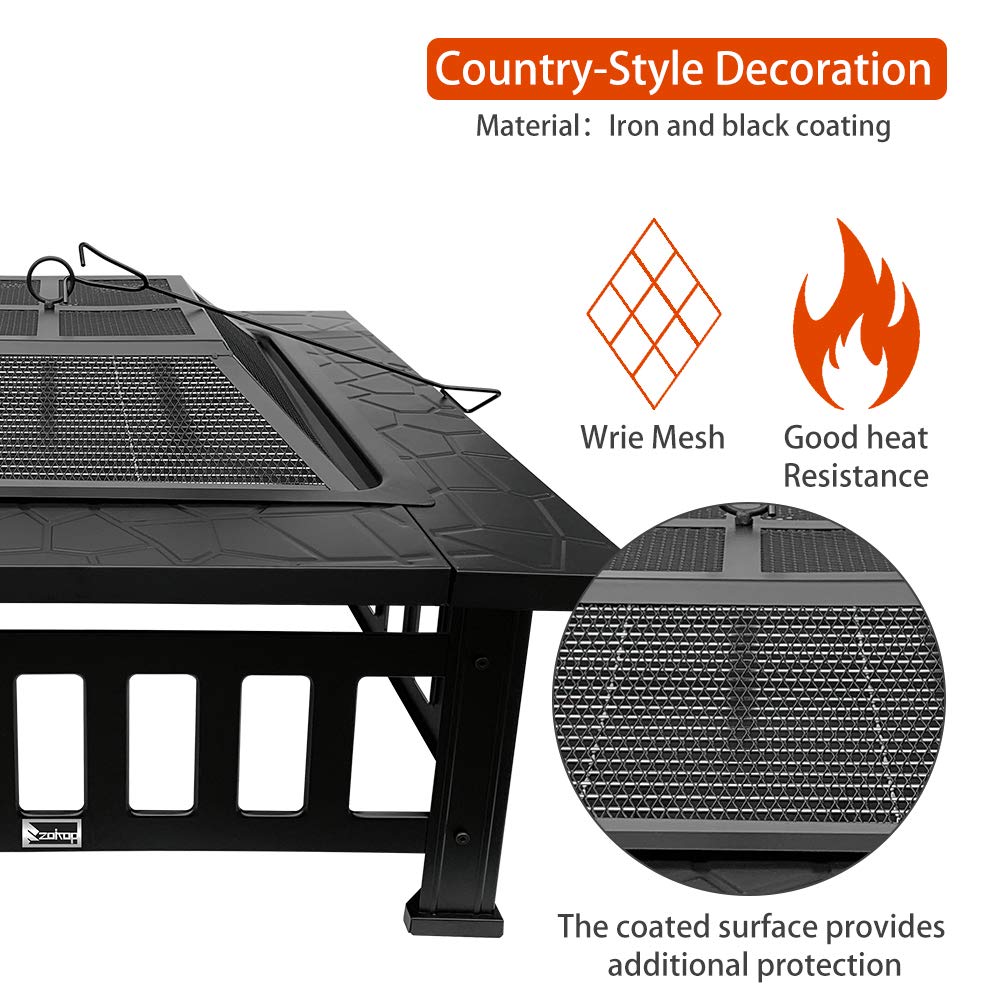 32 Inch Black Square Metal Fire Pit Table - Outdoor Wood Burning Firepit for Patio, Backyard, Camping - Perfect for Family Gatherings & Christmas Parties