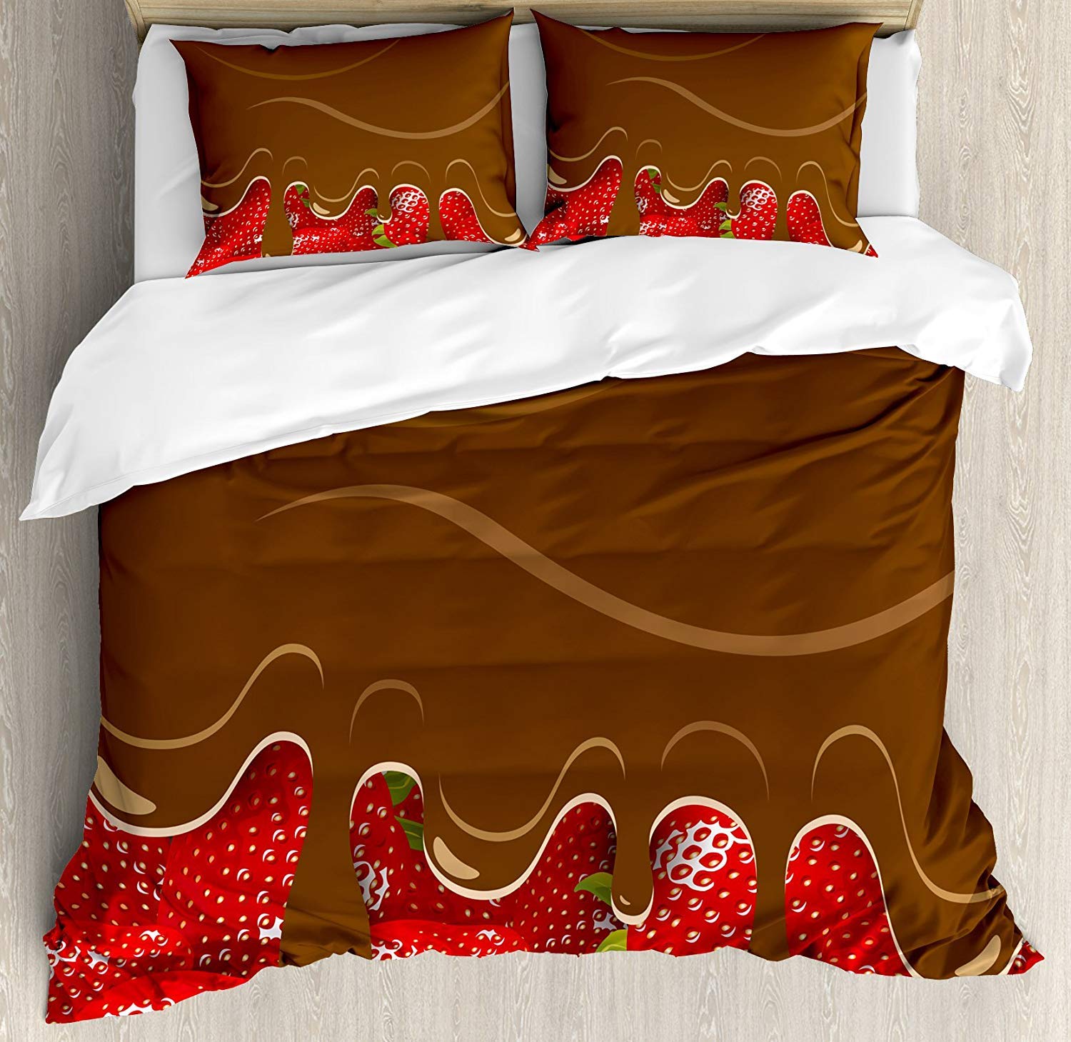 King Size Strawberry Bedding Set - 3 Piece Duvet Cover with 2 Pillow Shams, Chocolate Strawberry Food Art Design | Sweet Home Decor for Master Bedroom, Guest Room & Dorm | Soft & Comfortable Luxury Bed Sheets Set