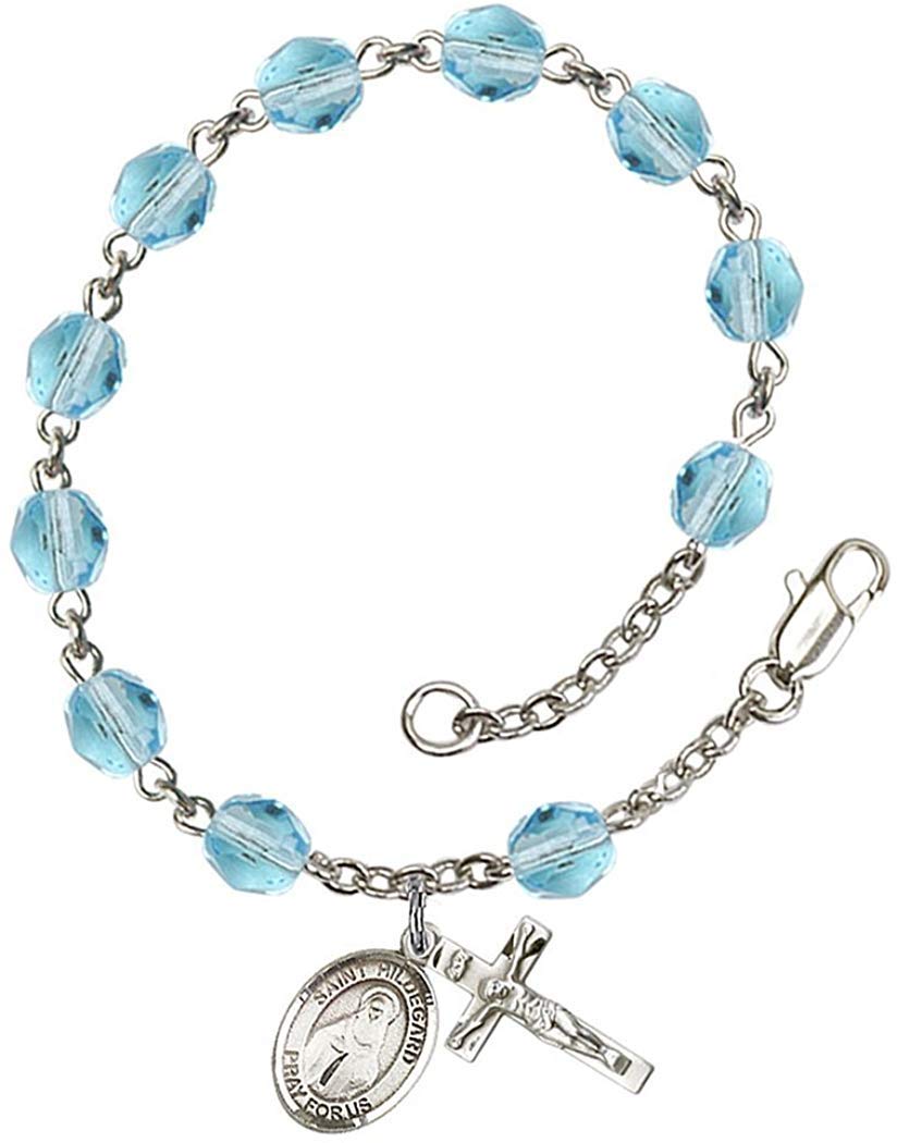 March Birthstone Beaded Rosary Bracelet with St. Hildegard von Bingen Charm - 7.5 Inch Catholic Prayer Jewelry for Women, Baptism Gifts & Spiritual Protection