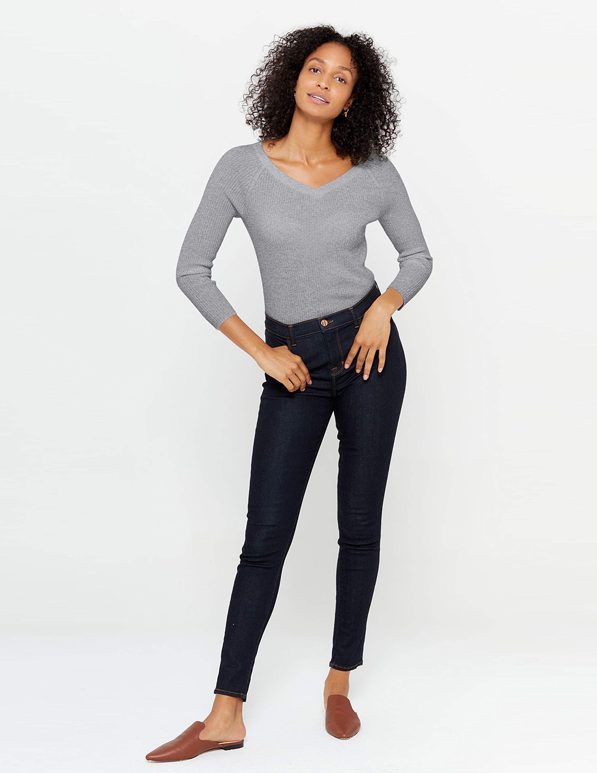 Luxury 100% Pure Cashmere Women's V-Neck Ribbed Sweater - Soft 3/4 Sleeve Pullover for Fall & Winter - Perfect for Office, Date Night & Casual Outings