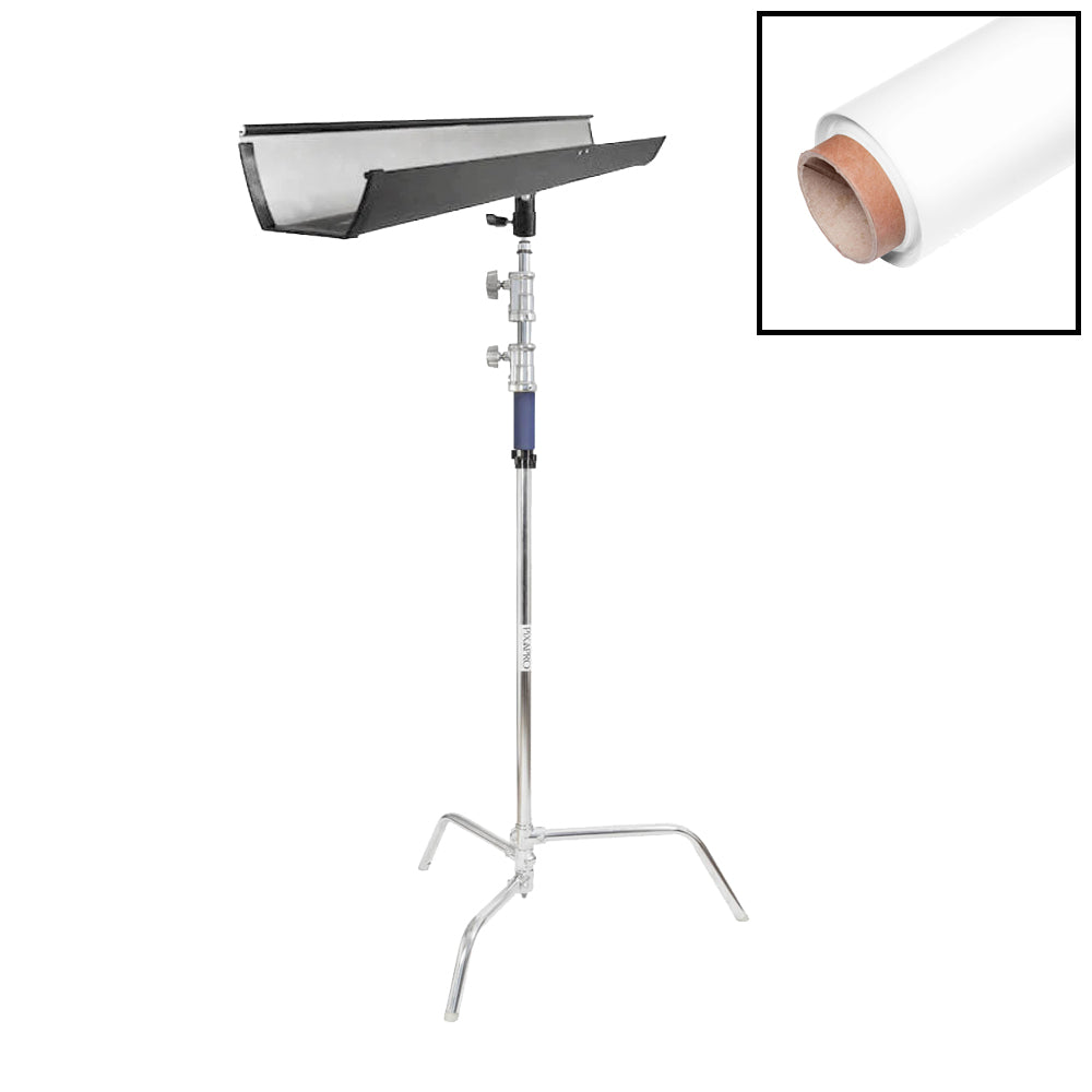 1.35x10m White Paper Backdrop with T-Bone Background Bracket & C-Stand - Professional Photography Studio Backdrop for Portraits, Product Shoots, and Video Production