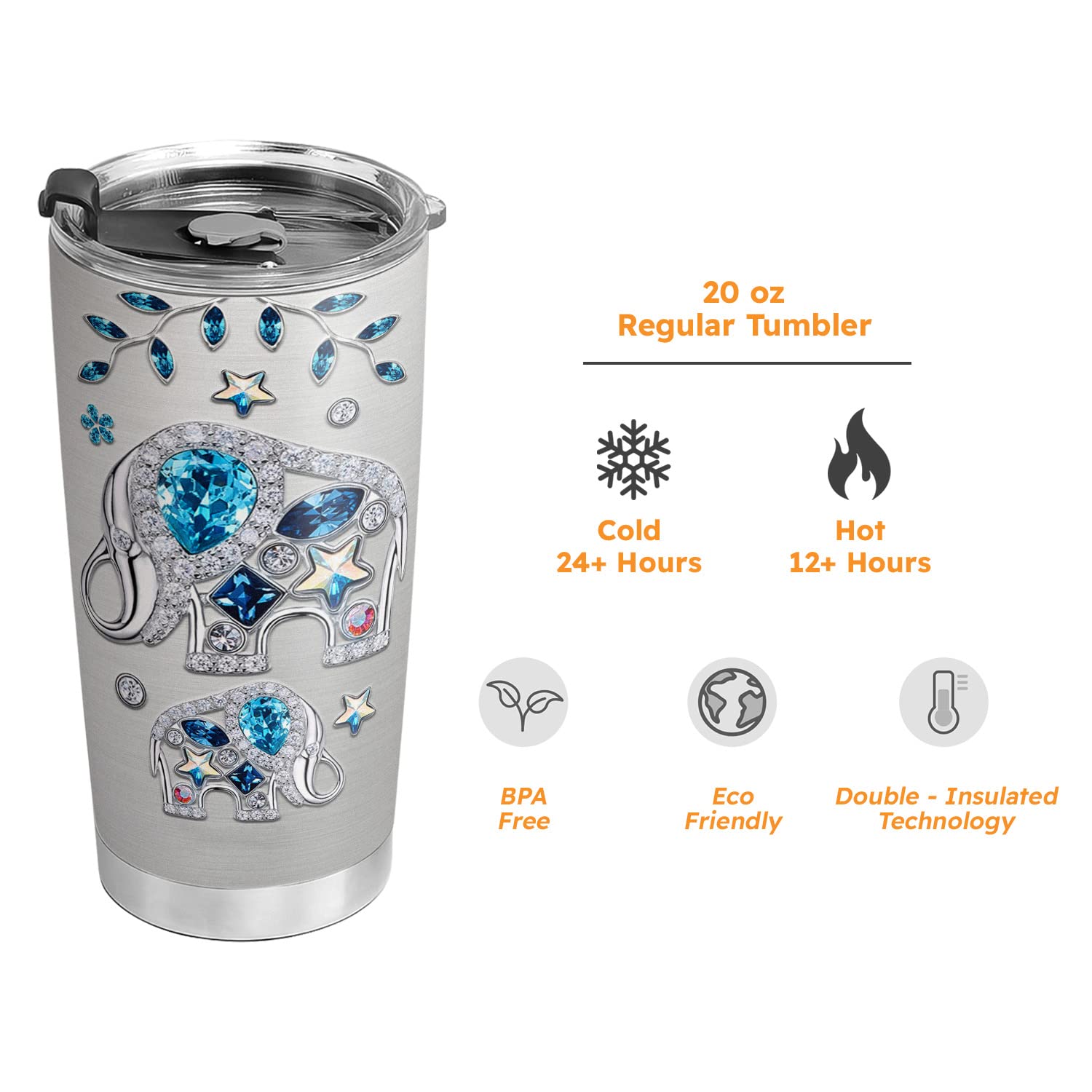 64HYDRO 20oz Elephant Tumbler Cup - Vacuum Insulated Travel Mug with Lid, Double Wall Stainless Steel - Unique Birthday Gifts for Women, Mom, Best Friend - Perfect for Coffee, Tea & Cold Drinks at Home, Office or On-the-Go