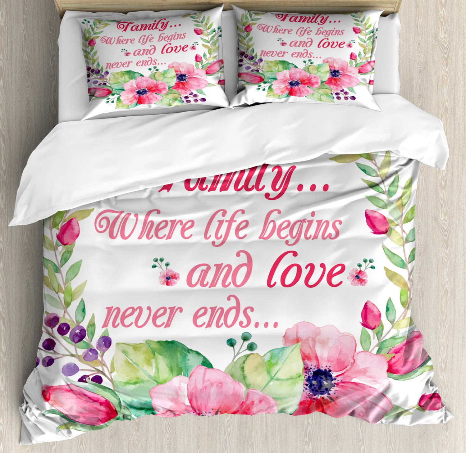 Ambesonne Watercolor Floral Wreath Duvet Cover Set - Family Quote 'Where Life Begins & Love Never Ends' - 3 Piece Bedding Set with 2 Pillow Shams - California King Size - Multicolor Design for Master Bedroom & Guest Room Decor