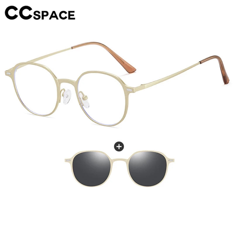 CCspace Women's Full Rim Round Alloy Eyeglasses with Clip-On Sunglasses - Stylish Prescription Glasses & UV Protection Shades for Work, Driving, and Outdoor Activities (Model 302078)
