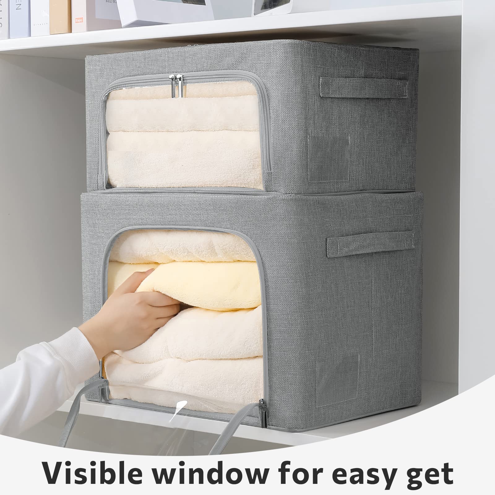 2 Pack Clear Stackable Fabric Storage Bins with Handles - Foldable Clothes Organizer Box (36L, Gray, 15.7x11.8x11.7 Inch) - Perfect for Closet, Bedroom, Nursery & Office Organization