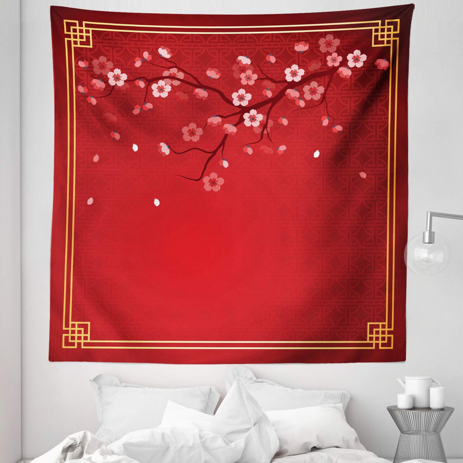 Ambesonne Valentine's Day Tapestry Queen Size - Cherry Blossom Spring Floral Wall Hanging Bedspread, 88x88 Inch Marigold Coral Red - Perfect for Bedroom Decor, Living Room Wall Art, and Romantic Gift Ideas