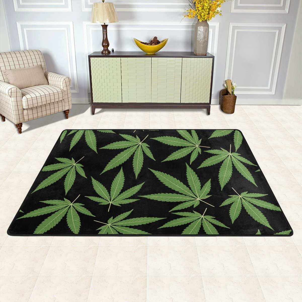 Trippy Cannabis Leaf Area Rug - Soft Washable Weed-Themed Carpet with Non-Slip Backing for Living Room, Bedroom & Home Decor (6.6ft x 5.3ft) | Perfect for Stoner Aesthetics, Psychedelic Room Design & 420-Friendly Spaces