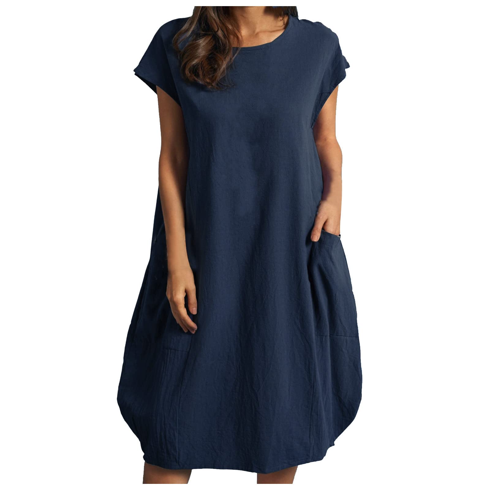 Plus Size Summer Dress for Women - Vintage Cotton & Linen Short Sleeve Knee-Length Dress with O-Neck | Perfect for Beach Vacations, Casual Outings & Summer Parties