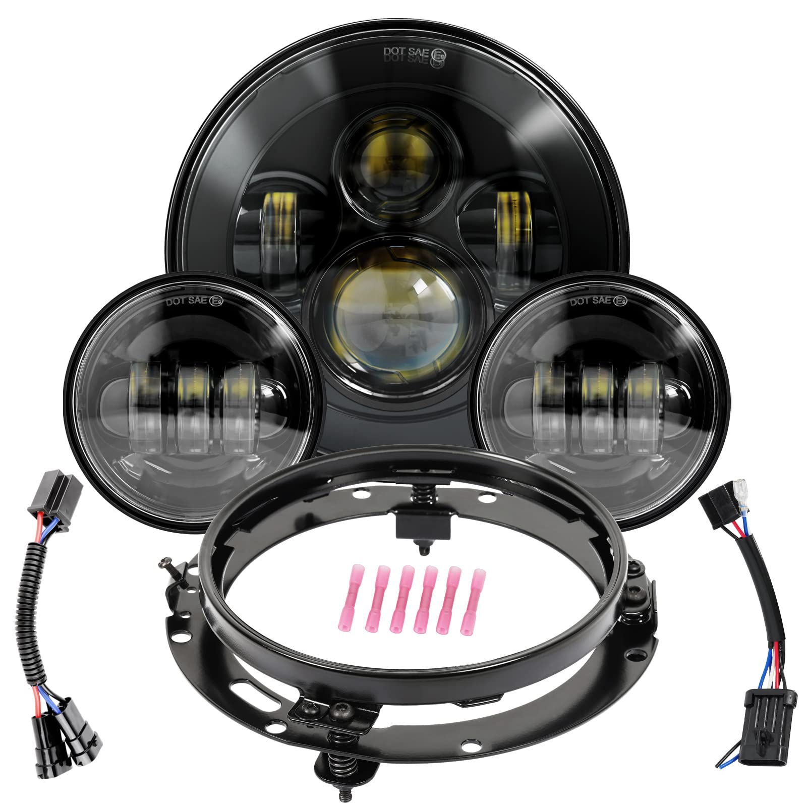 Wisamic 7inch LED Motorcycle Headlight & 4.5inch Fog Lights with Mounting Ring - Compatible with Harley Davidson Road King, Ultra Classic, Electra Glide, Street Glide, Softail Deluxe, Fatboy (Black) - High Visibility for Night Riding & Bad Weather Conditions