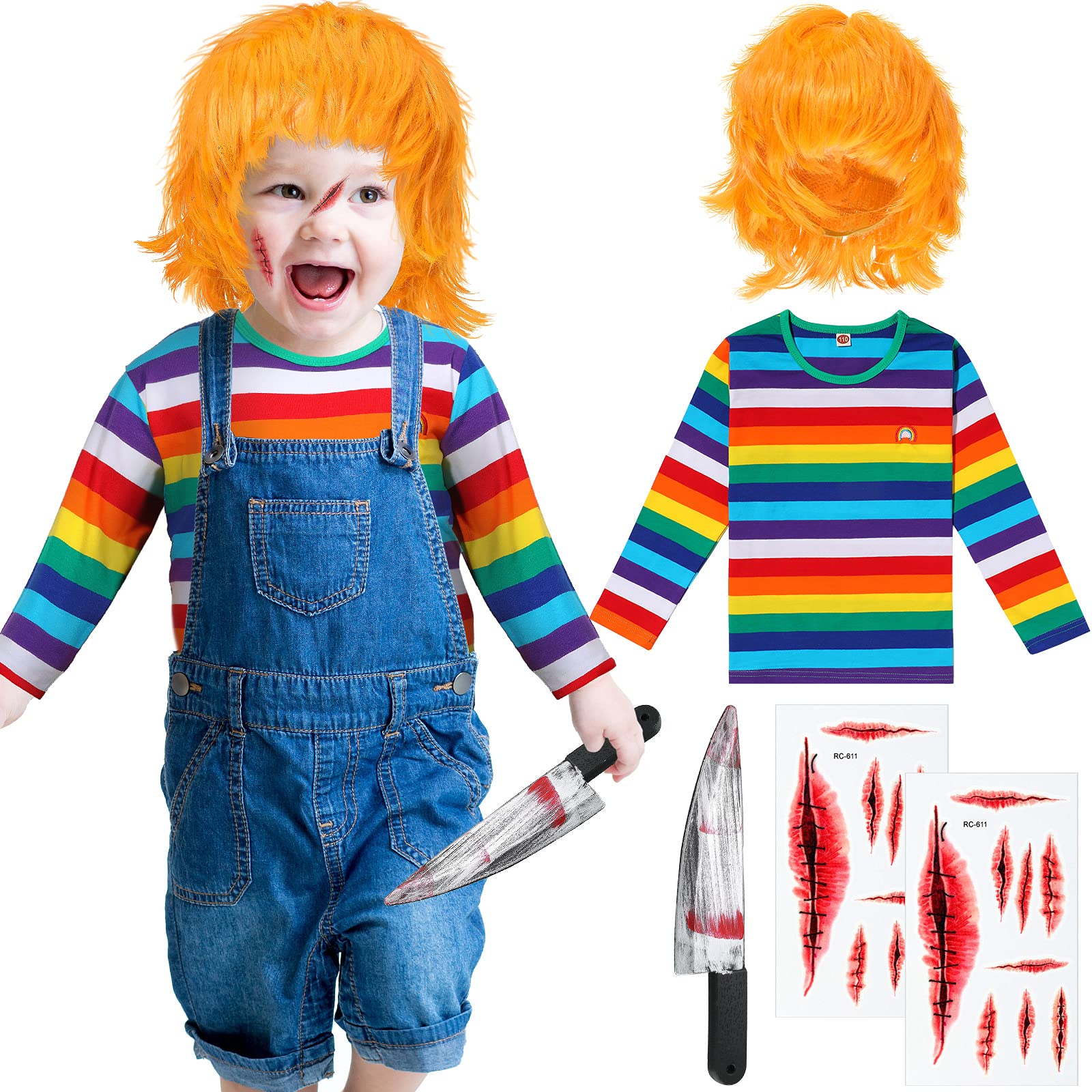 Halloween Ghost Doll Costume Set with Short Fluffy Anime Wig, Rainbow Striped Shirt, Fake Bloody Butcher Knife & Realistic Temporary Face Stickers - Perfect for Kids Cosplay Party & Halloween Dress Up (Size 110)