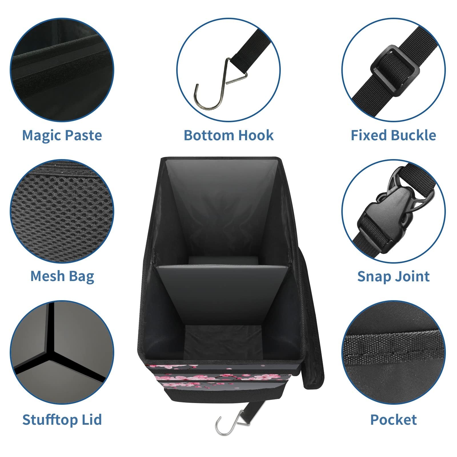 Medium-Sized Leak-Proof Waterproof Car Trash Can with Lid - Pink Cherry Blossom Design, Foldable & Portable Headrest Trash Bag with Storage Mesh - Perfect for Road Trips, Commuting & Keeping Your Vehicle Clean
