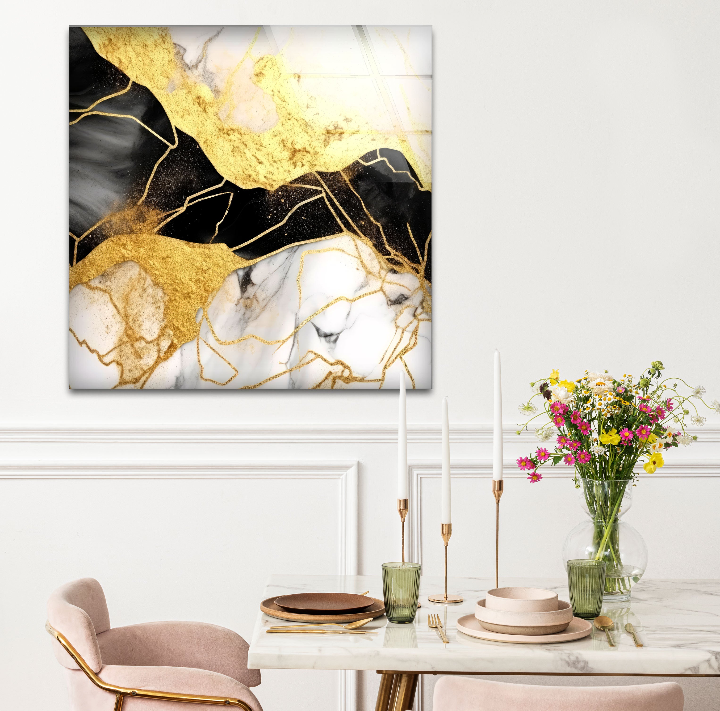 Luxury Black Gold Marble Wall Art - Abstract Glass Print for Modern Home & Office Decor | Elegant Living Room, Bedroom, Dining Room Wall Decor