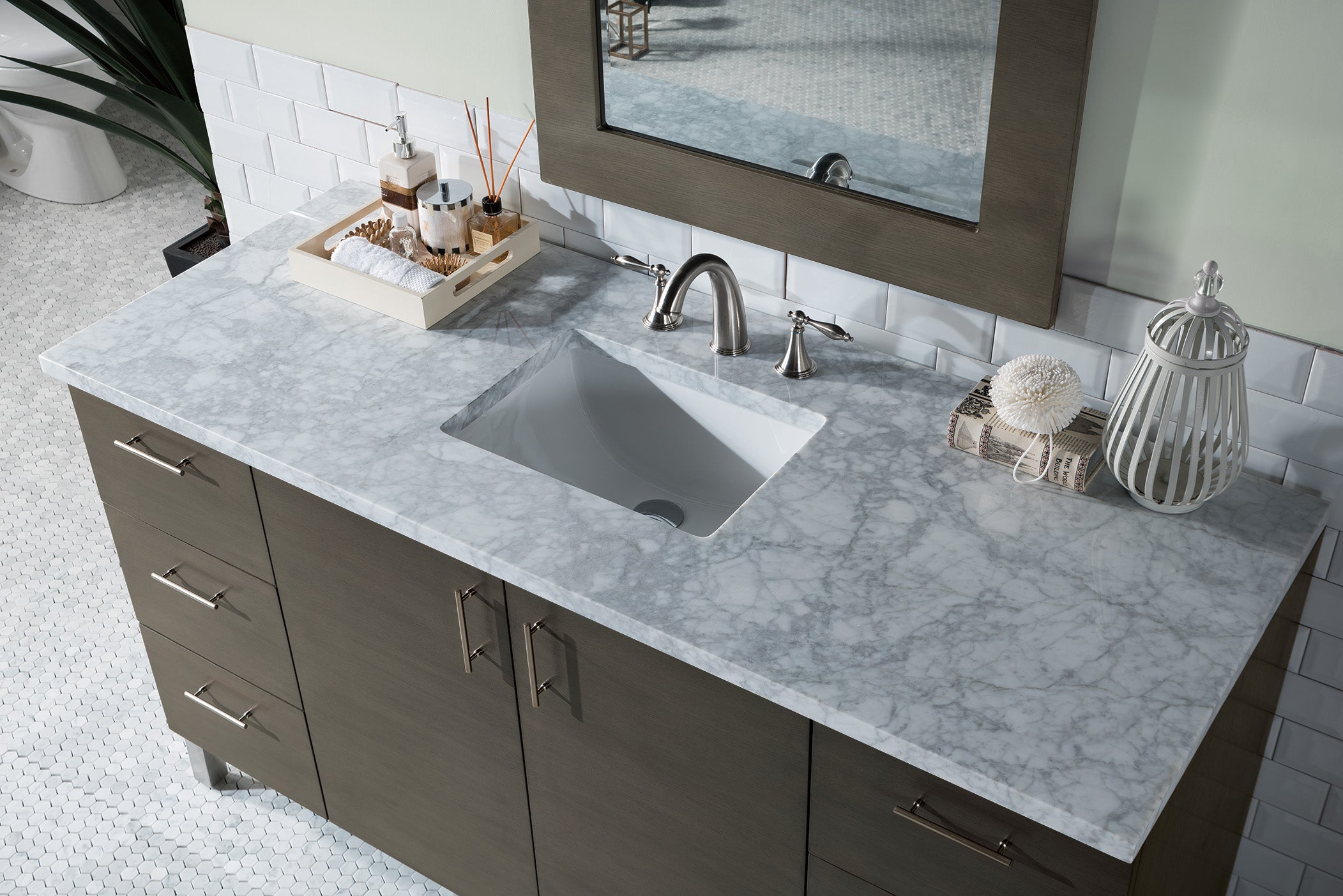 Metropolitan 60 Inch Silver Oak Single Bathroom Vanity with 3CM Carrara Marble Top - Modern Farmhouse Style for Master Bath or Guest Bathroom Remodel